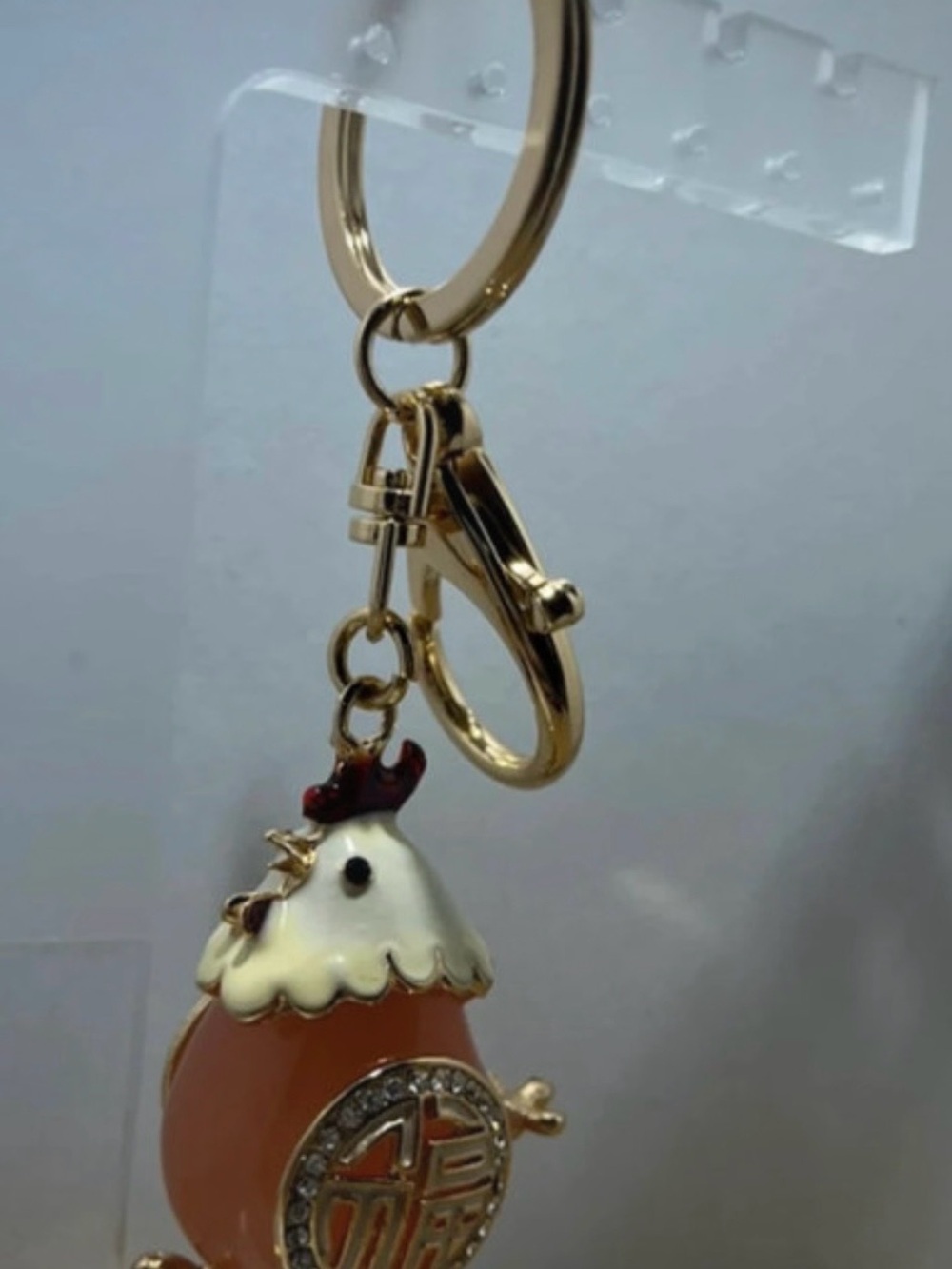 Gold-Tone Orange & White Chicken Charm Keyring for Pet Bird Fans